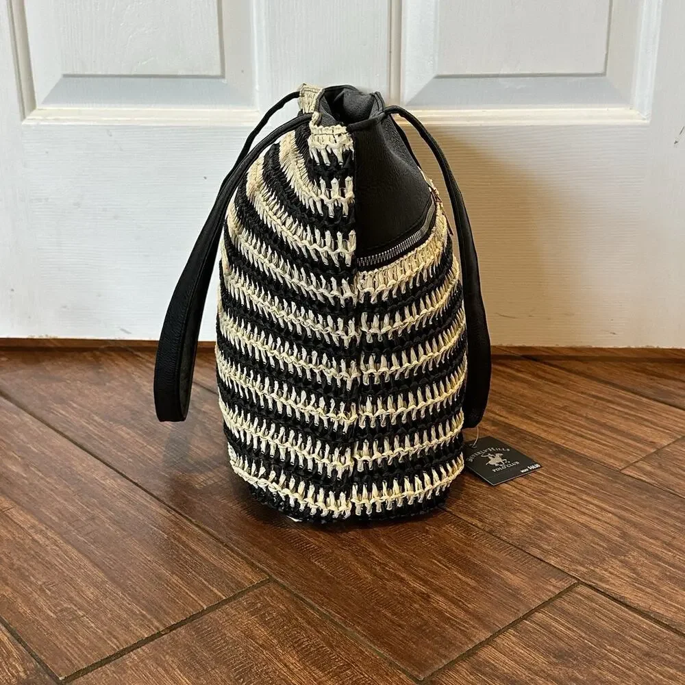 Beverly‎ Hills Polo Club Women Black Straw Stripe Tote Bag Gold Logo NWT